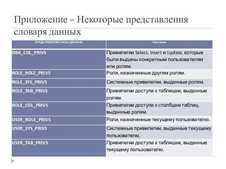 Приложение – Некоторые представления словаря данных