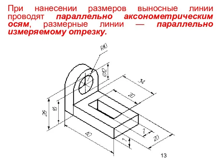 При нанесении размеров выносные линии проводят параллельно аксонометрическим осям, размерные линии — параллельно измеряемому отрезку.