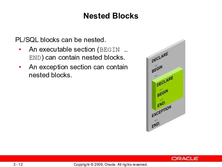 Nested Blocks PL/SQL blocks can be nested. An executable section (BEGIN