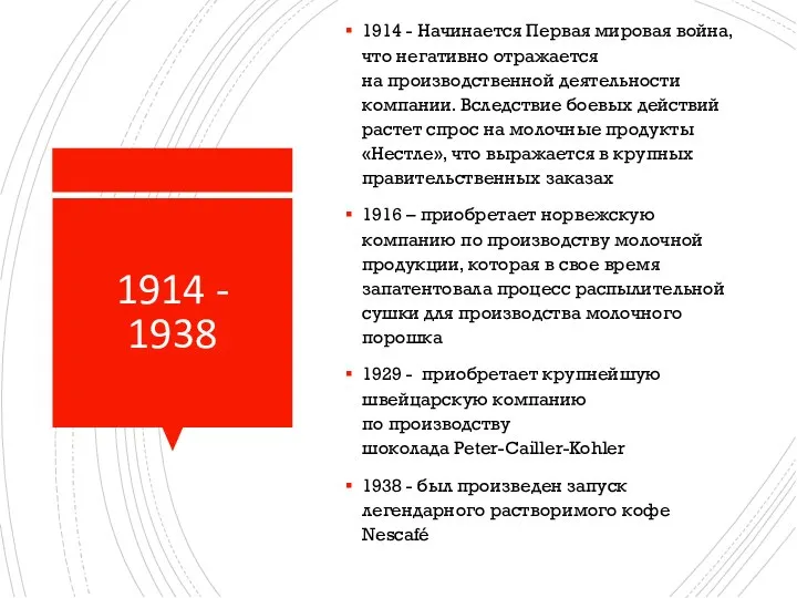 1914 - 1938 1914 - Начинается Первая мировая война, что негативно