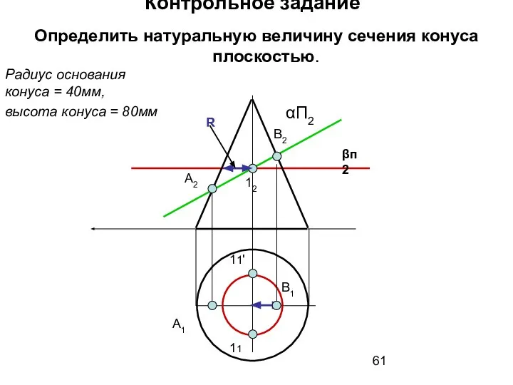 Контрольное задание Определить натуральную величину сечения конуса плоскостью. А2 11 12