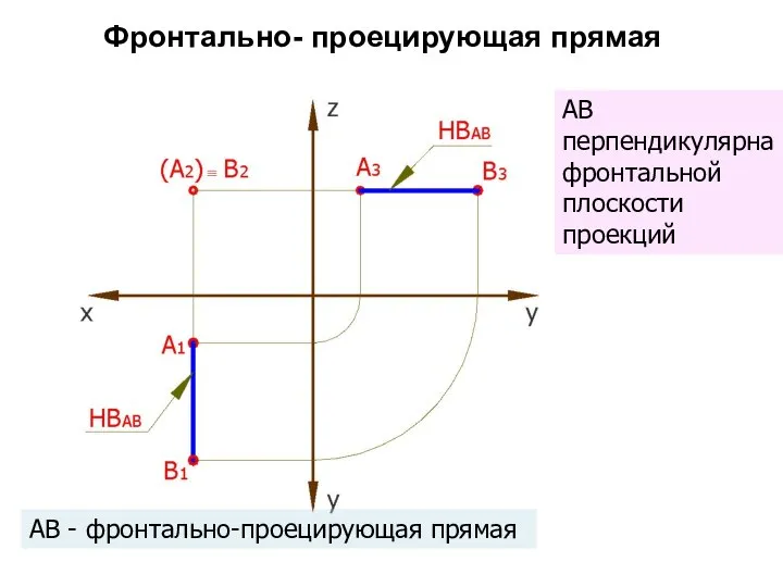 Фронтально- проецирующая прямая АВ - фронтально-проецирующая прямая АВ перпендикулярна фронтальной плоскости проекций