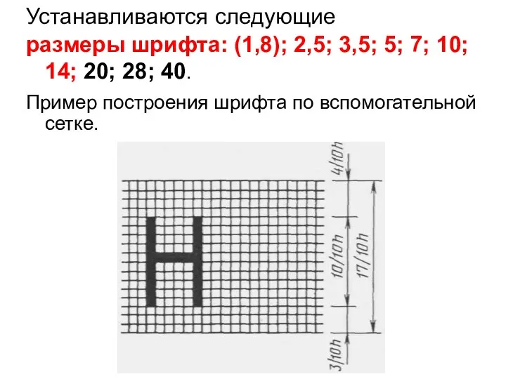 Устанавливаются следующие размеры шрифта: (1,8); 2,5; 3,5; 5; 7; 10; 14;