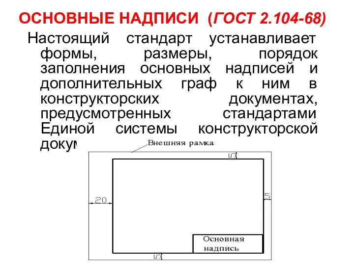 ОСНОВНЫЕ НАДПИСИ (ГОСТ 2.104-68) Настоящий стандарт устанавливает формы, размеры, порядок заполнения