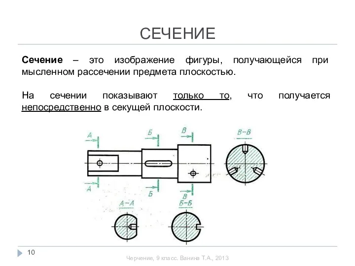 Сечение – это изображение фигуры, получающейся при мысленном рассечении предмета плоскостью.