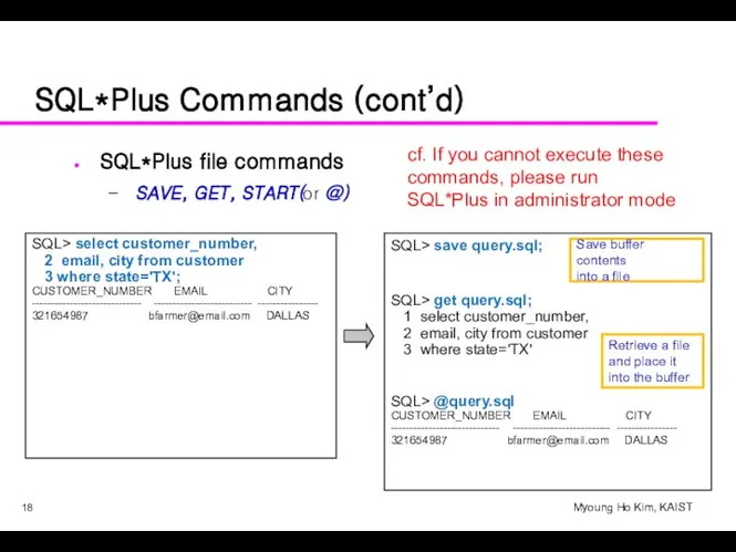 SQL*Plus Commands (cont’d) SQL*Plus file commands SAVE, GET, START(or @) SQL>