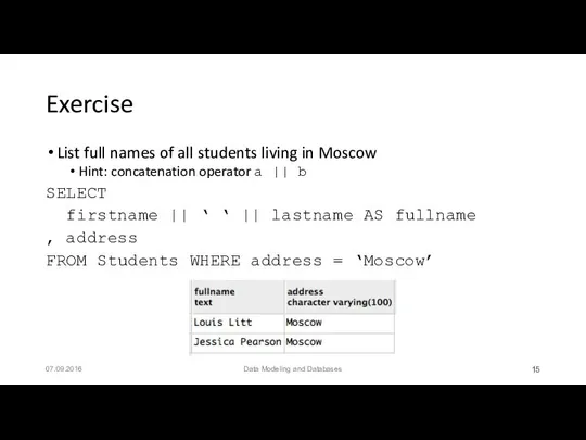 Exercise List full names of all students living in Moscow Hint: