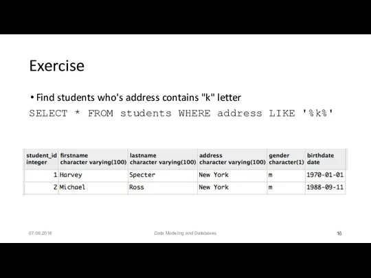 Exercise Find students who's address contains "k" letter SELECT * FROM