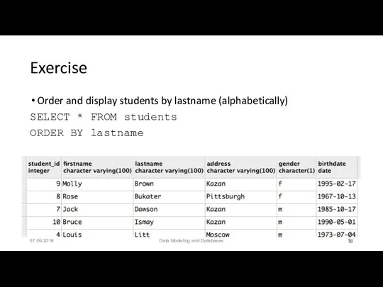 Exercise Order and display students by lastname (alphabetically) SELECT * FROM