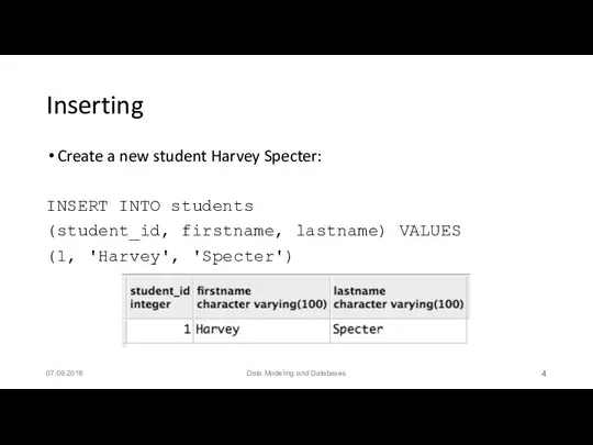 Inserting Create a new student Harvey Specter: INSERT INTO students (student_id,