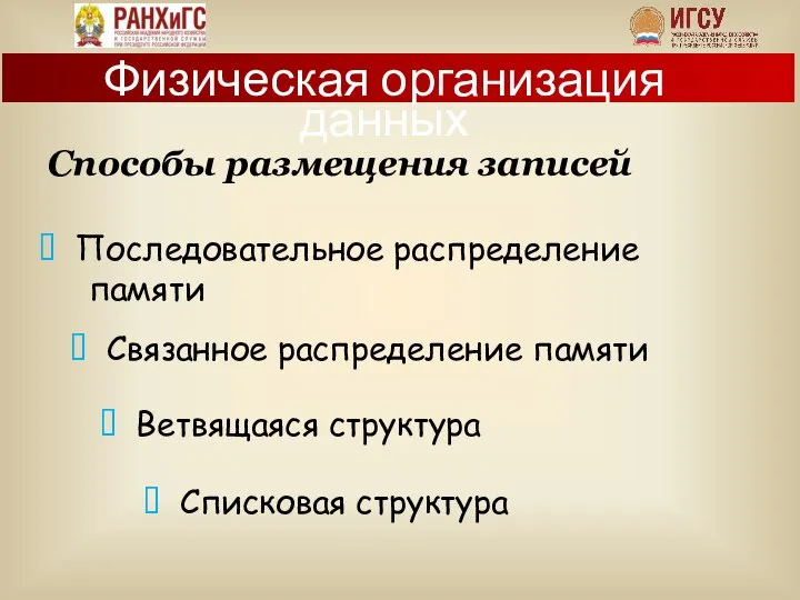 Способы размещения записей Физическая организация данных  Последовательное распределение памяти 