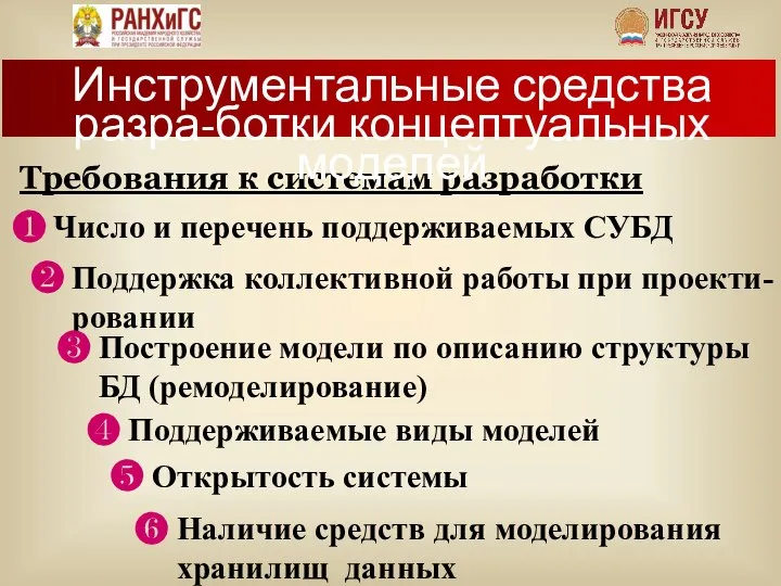 Требования к системам разработки Инструментальные средства разра-ботки концептуальных моделей ❶ Число