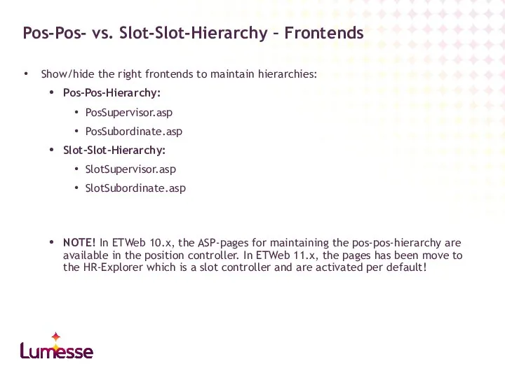 Show/hide the right frontends to maintain hierarchies: Pos-Pos-Hierarchy: PosSupervisor.asp PosSubordinate.asp Slot-Slot-Hierarchy: