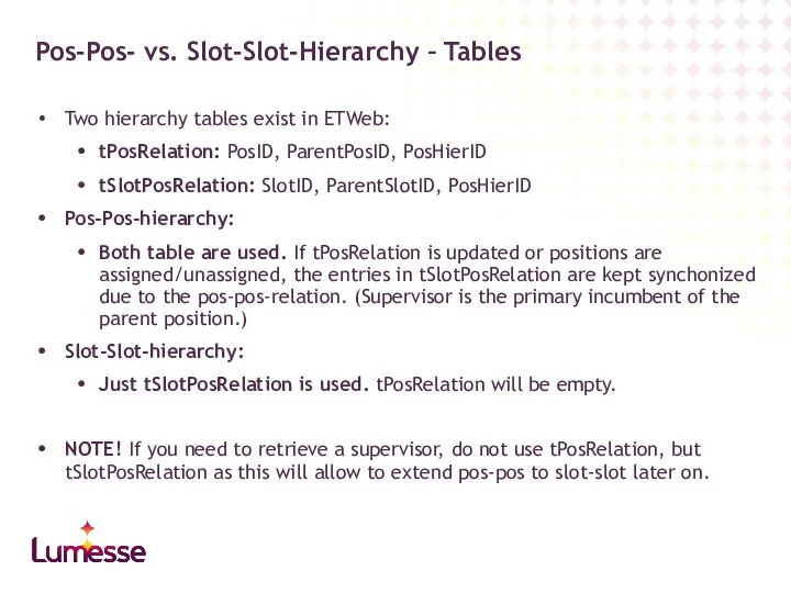 Two hierarchy tables exist in ETWeb: tPosRelation: PosID, ParentPosID, PosHierID tSlotPosRelation: