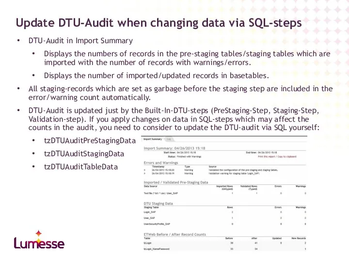 Update DTU-Audit when changing data via SQL-steps DTU-Audit in Import Summary