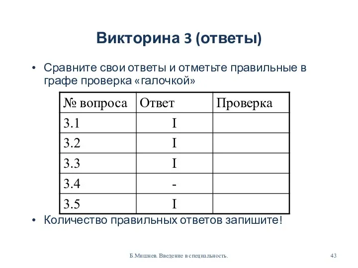 Викторина 3 (ответы) Сравните свои ответы и отметьте правильные в графе