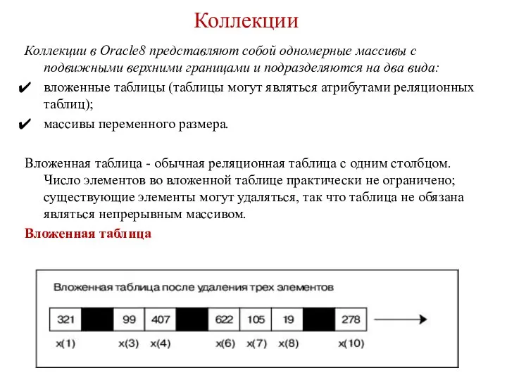 Коллекции Коллекции в Oracle8 представляют собой одномерные массивы с подвижными верхними