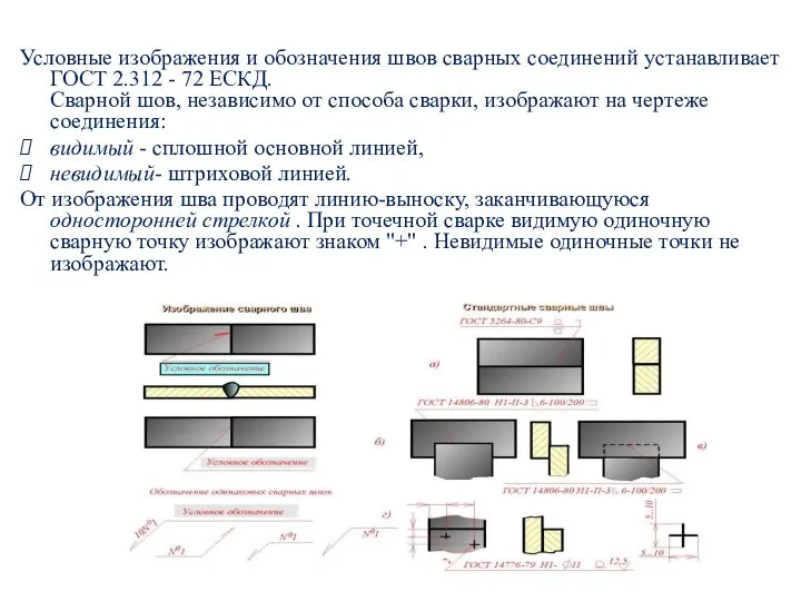 Условные изображения и обозначения швов сварных соединений устанавливает ГОСТ 2.312 -