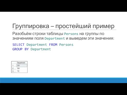 Группировка – простейший пример Разобьём строки таблицы Persons на группы по