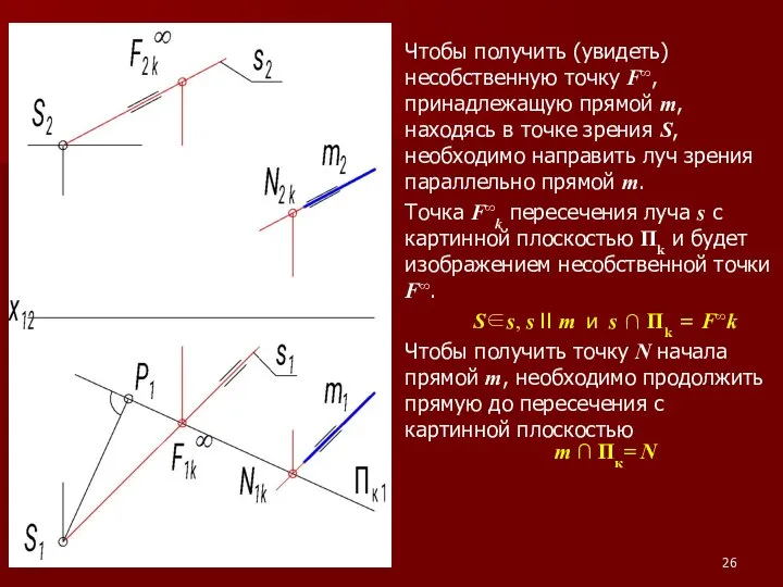 Чтобы получить (увидеть) несобственную точку F∞, принадлежащую прямой m, находясь в