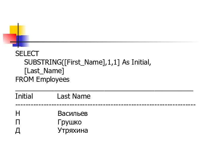 SELECT SUBSTRING([First_Name],1,1] As Initial, [Last_Name] FROM Employees ______________________________________________ Initial Last Name