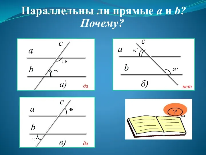 Параллельны ли прямые a и b? Почему? да да нет