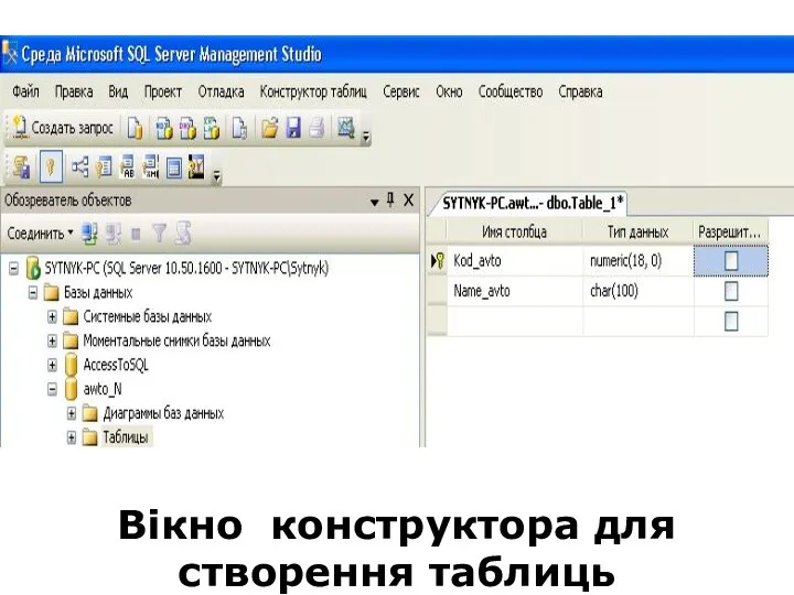 Вікно конструктора для створення таблиць