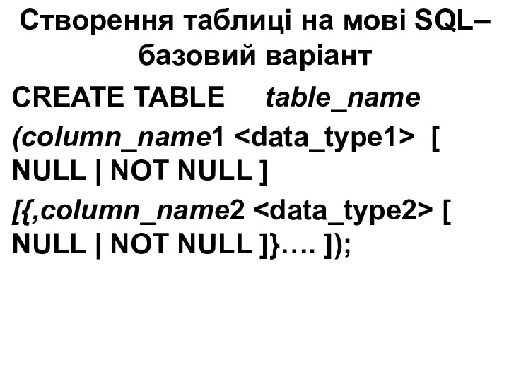 CREATE TABLE table_name (column_name1 [ NULL | NOT NULL ] [{,column_name2