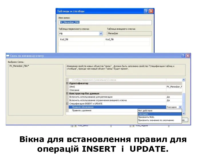 Вікна для встановлення правил для операцій INSERT і UPDATE.