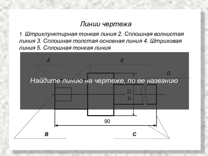 Ф 30 90 Линии чертежа 1. Штрихпунктирная тонкая линия 2. Сплошная