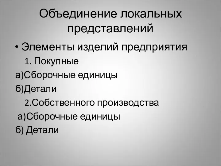 Объединение локальных представлений Элементы изделий предприятия 1. Покупные а)Сборочные единицы б)Детали