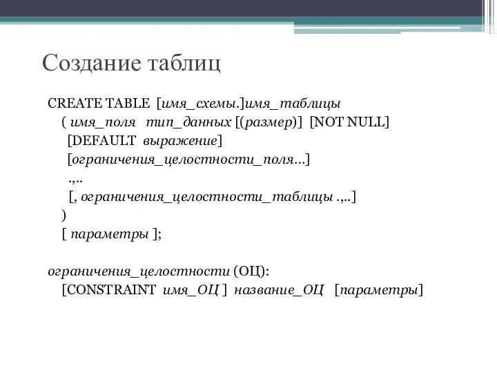 Создание таблиц CREATE TABLE [имя_схемы.]имя_таблицы ( имя_поля тип_данных [(размер)] [NOT NULL]