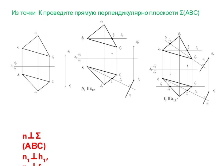 Из точки К проведите прямую перпендикулярно плоскости Σ(АВС) n⊥Σ(АВС) n1⊥h1, n2⊥f2