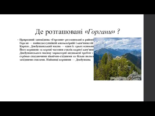 Де розташовані «Горгани» ? Природний заповідник «Горгани» розташовані в районі Довбушанських