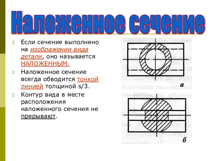 Наложенное сечение Если сечение выполнено на изображении вида детали, оно называется