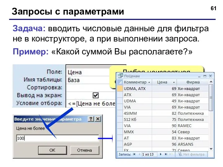 Запросы с параметрами Задача: вводить числовые данные для фильтра не в