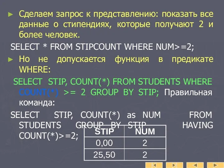 Сделаем запрос к представлению: показать все данные о стипендиях, которые получают