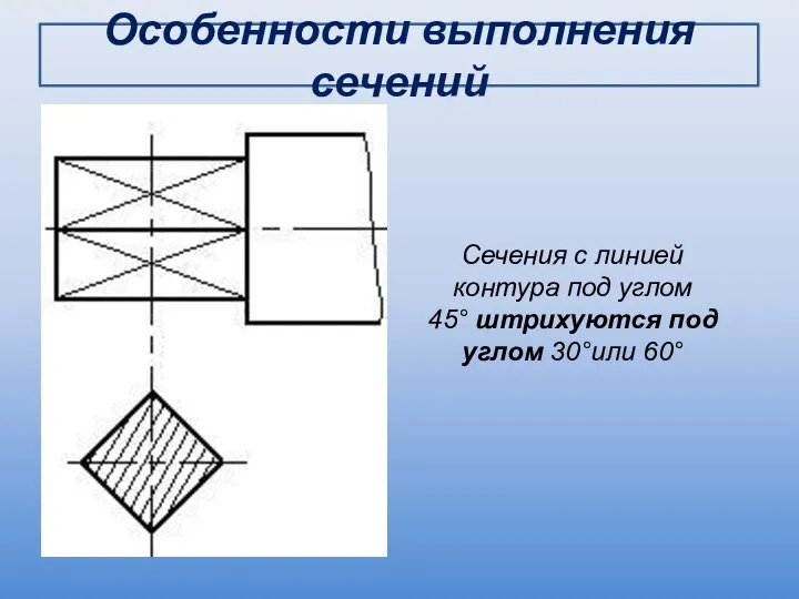 Особенности выполнения сечений Сечения с линией контура под углом 45° штрихуются под углом 30°или 60°