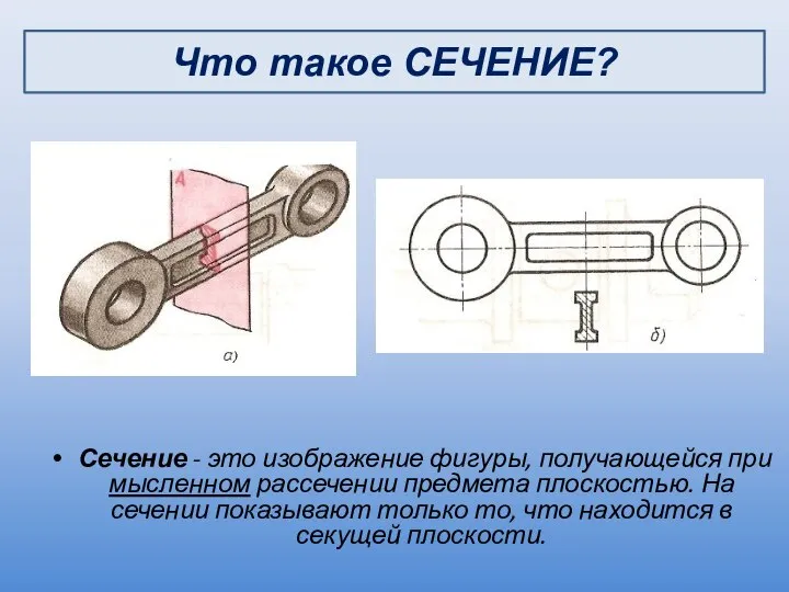 Сечение - это изображение фигуры, получающейся при мысленном рассечении предмета плоскостью.