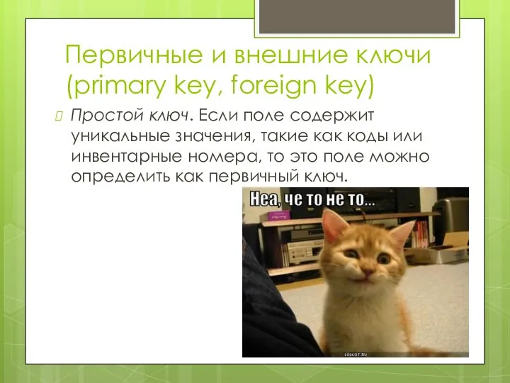 Первичные и внешние ключи (primary key, foreign key) Простой ключ. Если