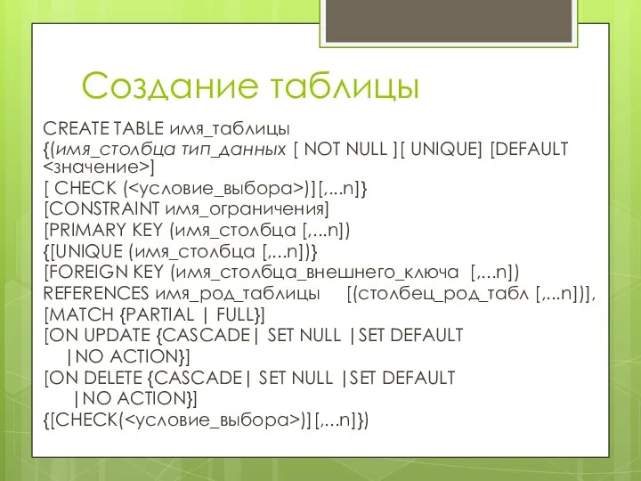 Создание таблицы CREATE TABLE имя_таблицы {(имя_столбца тип_данных [ NOT NULL ][