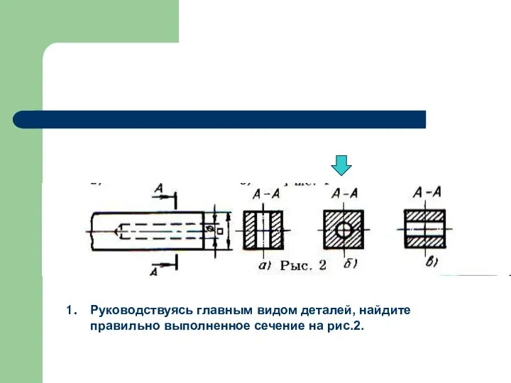 Руководствуясь главным видом деталей, найдите правильно выполненное сечение на рис.2.