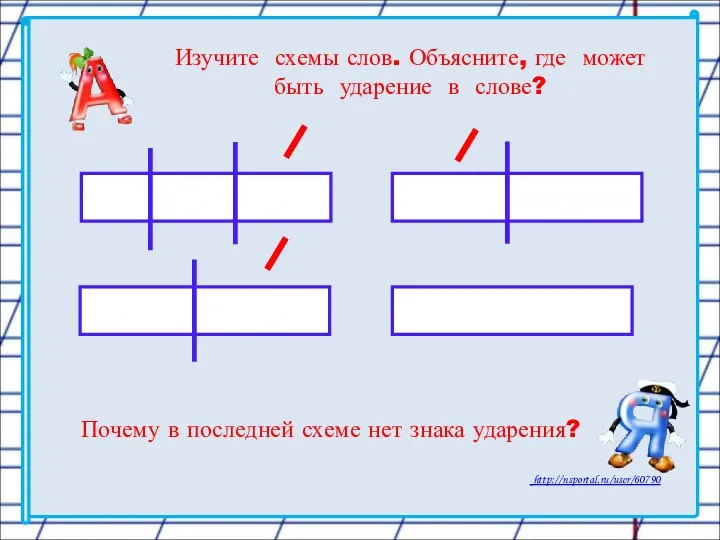 Изучите схемы слов. Объясните, где может быть ударение в слове? Почему