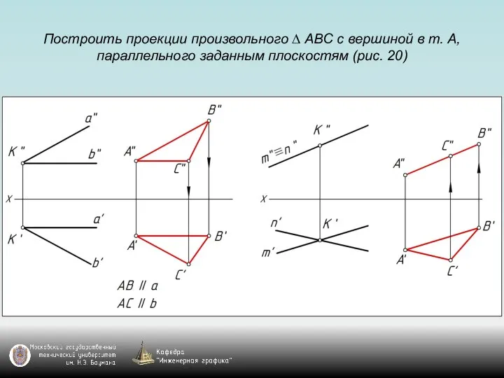 Построить проекции произвольного ∆ АВС с вершиной в т. А, параллельного заданным плоскостям (рис. 20)