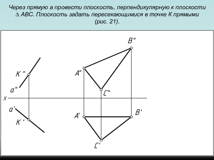 Через прямую a провести плоскость, перпендикулярную к плоскости ∆ АВС. Плоскость