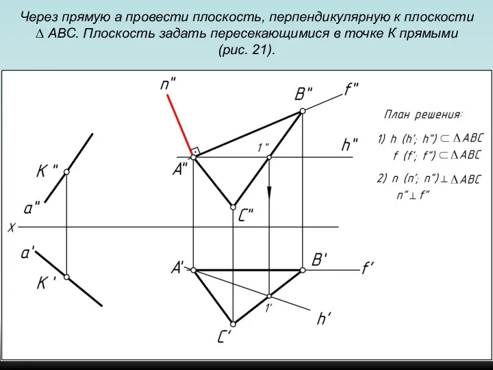 Через прямую a провести плоскость, перпендикулярную к плоскости ∆ АВС. Плоскость