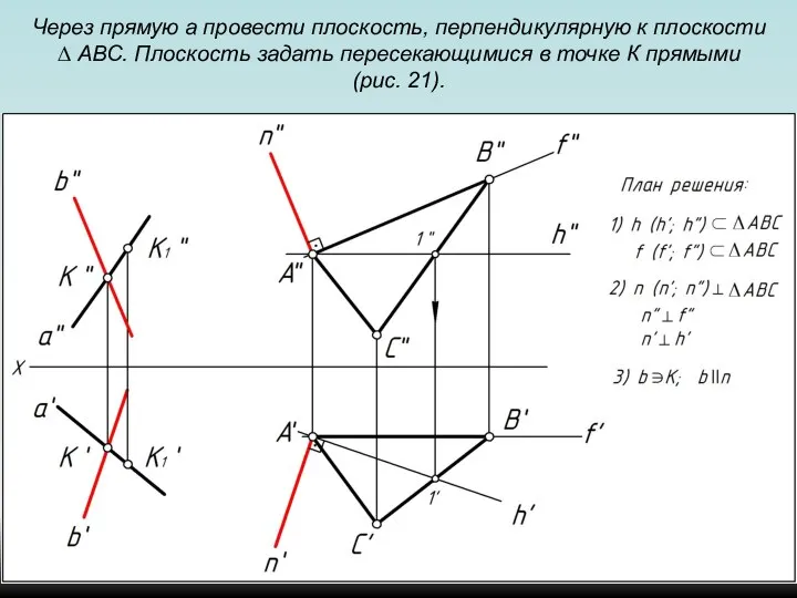 Через прямую a провести плоскость, перпендикулярную к плоскости ∆ АВС. Плоскость