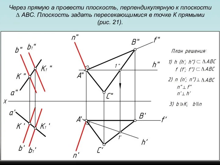 Через прямую a провести плоскость, перпендикулярную к плоскости ∆ АВС. Плоскость