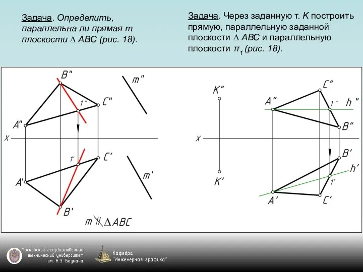 Задача. Определить, параллельна ли прямая m плоскости ∆ АВС (рис. 18).