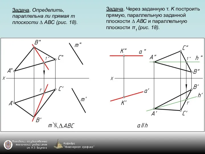 Задача. Определить, параллельна ли прямая m плоскости ∆ АВС (рис. 18).